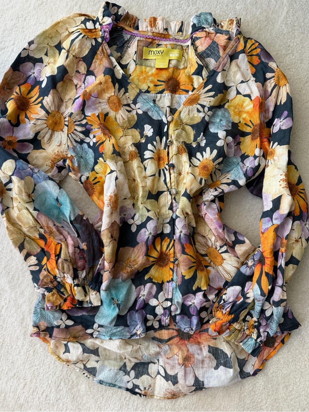 Moxy Collective Maeve Anthropologie Floral Button-Front Linen Blouse